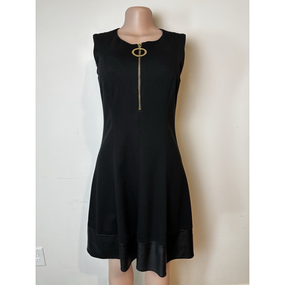 DKNY Black Fit & Flare Dress Crew Neck Sleeveless Zip Front Faux Leather hem 6